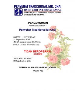 Read more about the article Info September – Jam Operasional Penyehat Mr. Chai